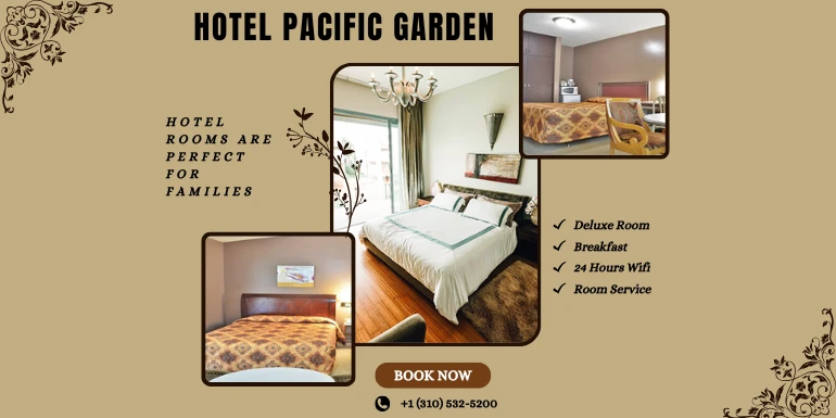 Exterior view of Hotel Pacific Garden, showcasing its welcoming entrance and family-friendly atmosphere.